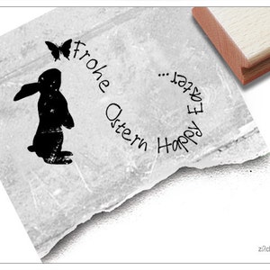 Stempel Osterstempel FROHE OSTERN Happy Easter Osterhase mit Schmetterling Textstempel, Karten, Geschenkanhänger, Geschenk, Osterdeko Bild 1