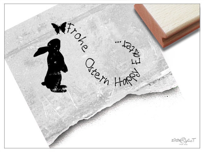 Stempel Osterstempel FROHE OSTERN Happy Easter Osterhase mit Schmetterling Textstempel, Karten, Geschenkanhänger, Geschenk, Osterdeko Bild 1