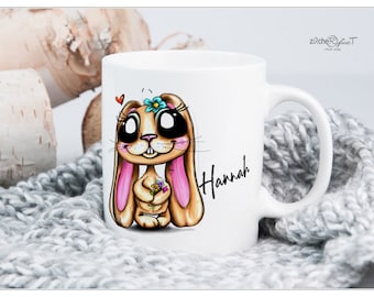 Kaffeetasse Tasse Kaffeebecher Keramiktasse Kindertasse - HASE mit HERZ - Tasse mit Kunstdruck - personalisierbar - Geschenkidee Geburtstag