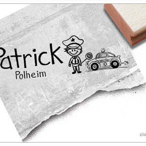 Timbro con nome individuale poliziotto con auto – timbro per bambini personalizzato con nome, timbro in legno o timbro automatico, regalo per bambini