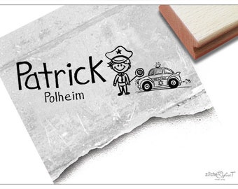 Individueller Namensstempel  Polizist mit Auto - Kinderstempel personalisiert mit Name, Holzstempel o. Automatikstempel, Geschenk für Kinder