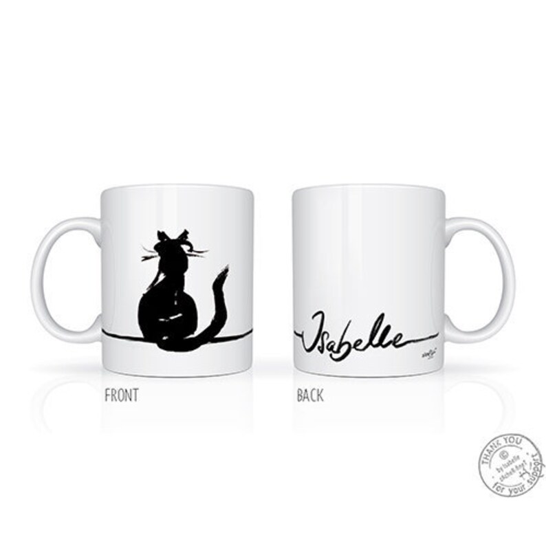 May include: White ceramic mug. The front displays a black cat silhouette, while the back features the name "Isabelle" in a handwritten style. A minimalist design, suitable for everyday use.