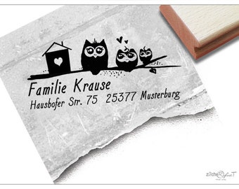 Adressstempel personalisiert Eulen mit Haus II - Adress Stempel, Familienstempel, Holzstempel o. Automatikstempel individualisiert, Geschenk