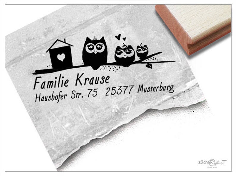 Adressstempel personalisiert Eulen mit Haus II Adress Stempel, Familienstempel, Holzstempel o. Automatikstempel individualisiert, Geschenk Bild 1