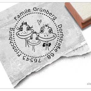 Timbro per indirizzo individuale rotondo FROG FAMILY - timbro per indirizzo, timbro familiare personalizzato, timbro in legno, regalo per la famiglia