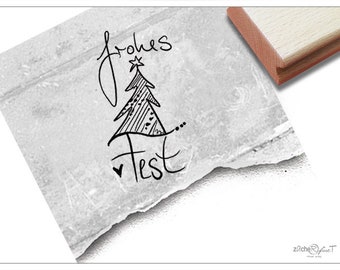 Stempel Weihnachtsstempel - Frohes Fest, in Handschrift mit Weihnachtsbaum - Textstempel zu Weihnachten, für Karten, Geschenkanhänger, Deko