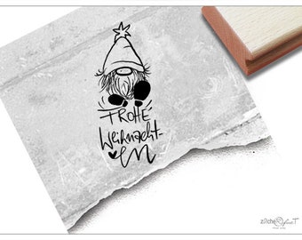 Stempel Weihnachtsstempel Wichtel, Gnom mit Frohe Weihnachten - Textstempel, Karten, Geschenkanhänger, Weihnachtsdeko, Tischdeko, Scrapbook