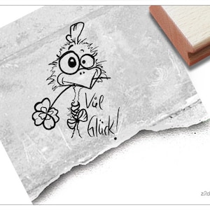 Timbro Buona fortuna! con pollo e foglia di trifoglio - timbro con testo per congratulazioni, esami, motivazione, cartoline, etichette regalo, artigianato e decorazioni