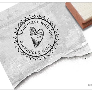 Coeur de tampon nominatif individuel - fait main avec amour - rond comme cachet de la poste, tampon de magasin personnalisé avec nom et texte souhaité, cadeau