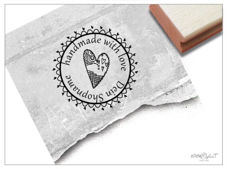 Individueller Namensstempel Herz handmade with love rund als Poststempel, Shopstempel personalisiert mit Namen und Wunschtext, Geschenk Bild 1