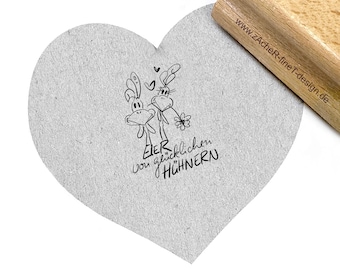 Stempel Eier von glücklichen Hühnern - Zwei lustige Hühner mit Herz und  Blume,Textstempel für Eierkartons, Eierverpackung, Eierschachtel