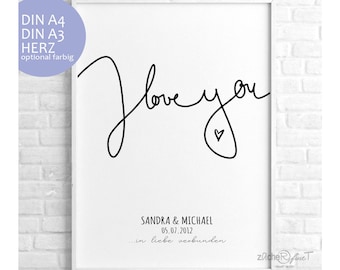 Poster "I love you" personalisiert mit Namen u. Datum für Paare & Freunde - süßes Geschenk individuell zur Hochzeit, Valentinstag, Jahrestag