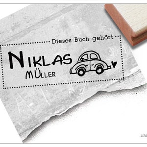 Individueller Ex Libris Buchstempel AUTO, personalisiert mit Namen, Holzstempel o. Automatikstempel, Geschenk für Kinder, Einschulung Bild 1