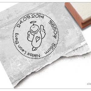 Individueller Babystempel / Geburtsstempel personalisiert - Schutzengel mit allen Daten des Babys - Holzstempel für Karten, Taufe, Geschenk