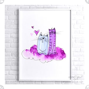 Póster / póster infantil gatos morados "Cloud 7" para habitaciones infantiles y salones. Varios tamaños - se puede PERSONALIZAR, también como TAZA