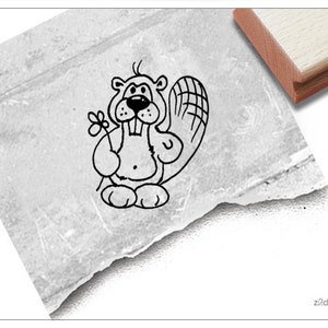 Stempel Tierstempel Biber mit Blume - Kinderstempel, Tier, Geschenk für Kinder, für Kita, Kinderzimmer, Schule, Basteln, Scrapbook und Deko
