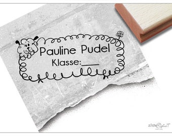 Individueller Schulstempel mit Hund, Pudel - Namensstempel personalisiert mit Name und Klasse, Holzstempel oder Automatikstempel, Geschenk