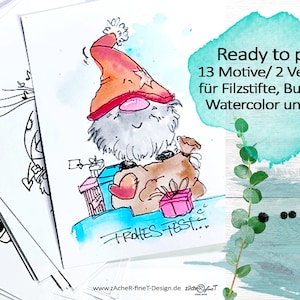 Pagine da colorare di Natale - Pagine da colorare di cartoline di Natale - Elfi e angeli Pagine da colorare con motivi natalizi - Combinazione di francobolli per cartoline