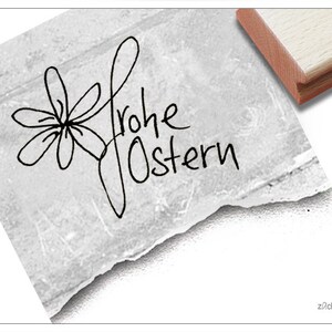 Stempel Osterstempel FROHE OSTERN in Handschrift mit Blume - Textstempel zum Osterfest, für Karten, Geschenkanhänger, Geschenk, Osterdeko