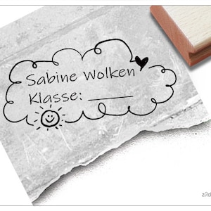 Individueller Schulstempel Wolke mit Sonne - Namensstempel personalisiert mit Name und Klasse, Holzstempel, Geschenk für Kinder, Schule