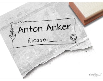 Individueller Schulstempel MARITIM Anker - Namensstempel personalisiert mit Name und Klasse, Holzstempel oder Automatikstempel, Geschenk