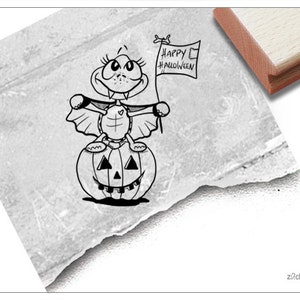 Stempel Happy Halloween mit Kürbis und Schildkröte - Kinderstempel mit Text u. Tier, Geschenk für Kinder, Basteln, Halloweenparty, Tischdeko