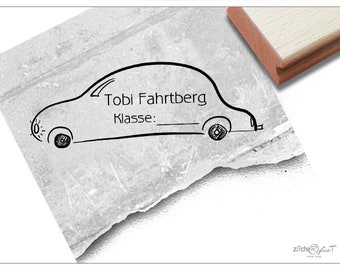 Individueller Schulstempel mit Auto- Namensstempel personalisiert mit Name und Klasse, Holzstempel, Geschenk für Kinder, Einschulung, Schule