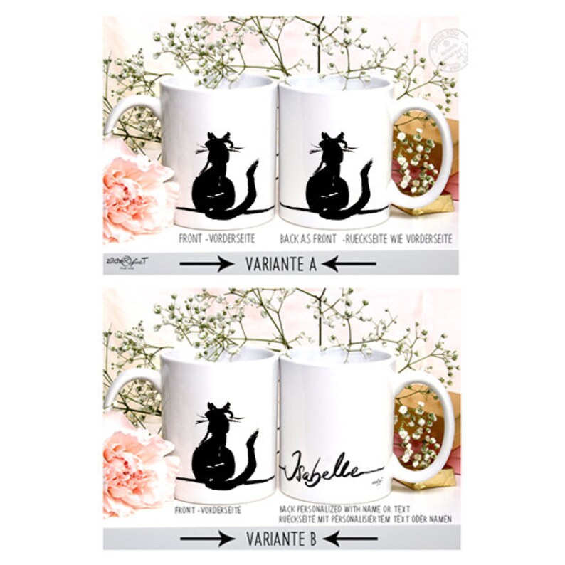 May include: White ceramic mugs with black cat silhouettes. One mug design features the cat on both sides, while the other has a cat on one side and the name "Isabelle" on the other. Text on the mugs includes "FRONT - VORDERSEITE" and "BACK AS FRONT - RUECKSEITE WIE VORDERSEITE".