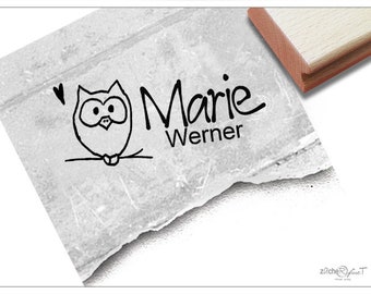 Individual name stamp OWL, children's stamp personalized with name, wooden stamp or automatic stamp, gift for children, school enrollment