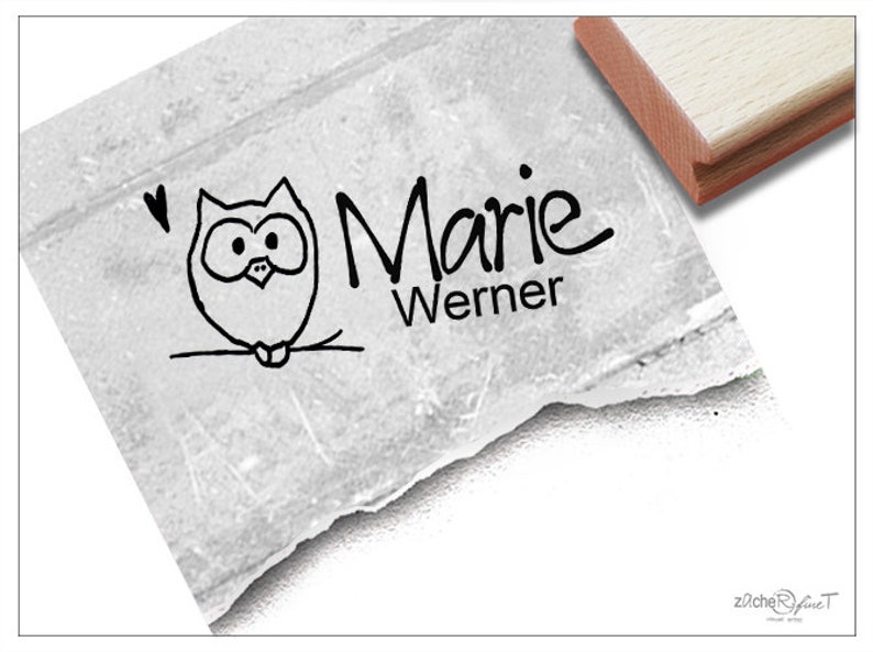 Individueller Namensstempel EULE, Kinderstempel personalisiert mit Namen, Holzstempel o. Automatikstempel, Geschenk für Kinder, Einschulung Bild 1