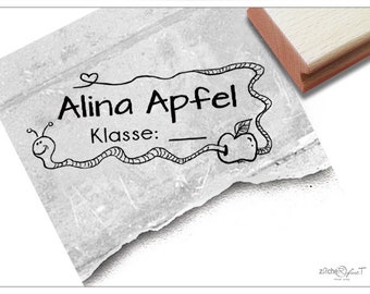 Individueller Schulstempel mit Wurm im Apfel - Namensstempel personalisiert mit Name und Klasse, Holzstempel oder Automatikstempel, Geschenk