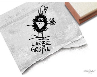 Stempel Textstempel LIEBE GRÜßE mit kleinem Raben - Schriftstempel mit Tiermotiv für persönliche Nachrichten, Karten, Scrapbook, Geschenk