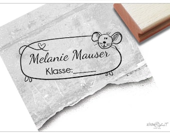 Individueller Schulstempel Maus - Namensstempel personalisiert mit Name und Klasse, Holzstempel oder Automatikstempel, Geschenk für Kinder