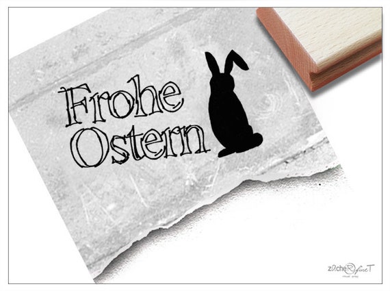 Textstempel mit Zeichnung zum Osterfest zAcheR-fineT Karten Geschenkanh/änger Geschenk Osterdeko Stempel Osterstempel Frohe Ostern mit Osterhase