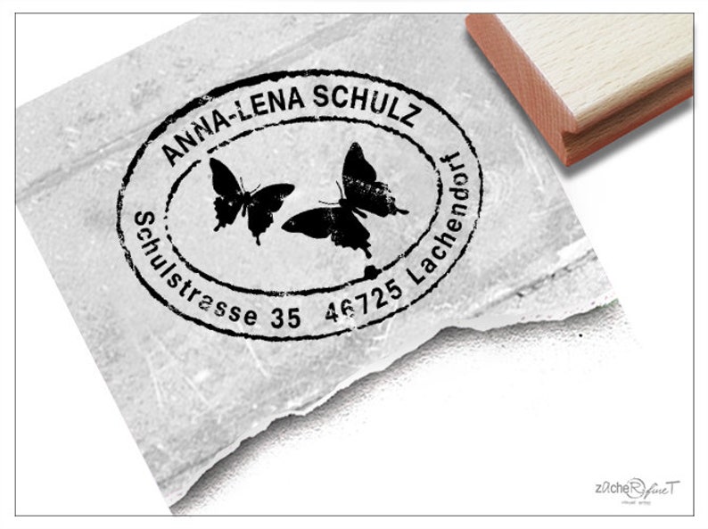 Adressstempel personalisiert SCHMETTERLINGE Adress Stempel, Poststempel, Familienstempel, Holzstempel individualisiert, Geschenk Bild 1