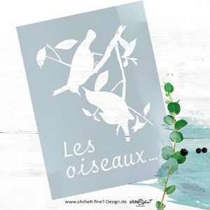 Schablone Vögel - Les oiseaux - Tierschablone, Textschablone für Textilgestaltung, Malerei, Airbrush, Wand Deko, Backen Dekor, DIN A6 - A3