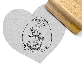 Stempel Huhn mit Korb - Eier von glücklichen Hühnern, Textstempel, Motivstempel für Eierkartons, Ostereier, Eierverpackung, Eierschachtel