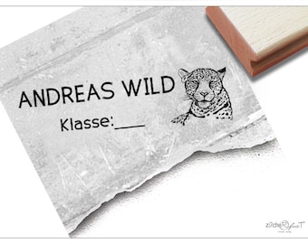 Individueller Schulstempel Gepard - Stempel personalisiert mit Name, Klasse und Tier, Holzstempel oder Automatikstempel, Geschenk für Kinder