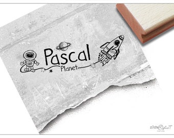 Individual name stamp space with rocket - stamp personalized with name, wooden stamp or automatic stamp, gift for children