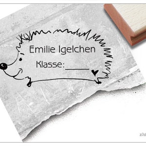 Timbro scolastico individuale con riccio - timbro personalizzato con nome e classe, timbro in legno, regalo per bambini, iscrizione scolastica