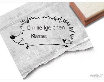 Individueller Schulstempel mit Igel - Namensstempel personalisiert mit Name und Klasse, Holzstempel, Geschenk für Kinder, Einschulung