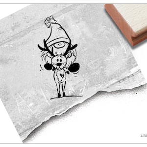 Timbro gnomo con timbro natalizio, gnomo con renna - timbro con motivo per Natale, per cartoline, etichette regalo, decorazioni natalizie, decorazioni da tavola