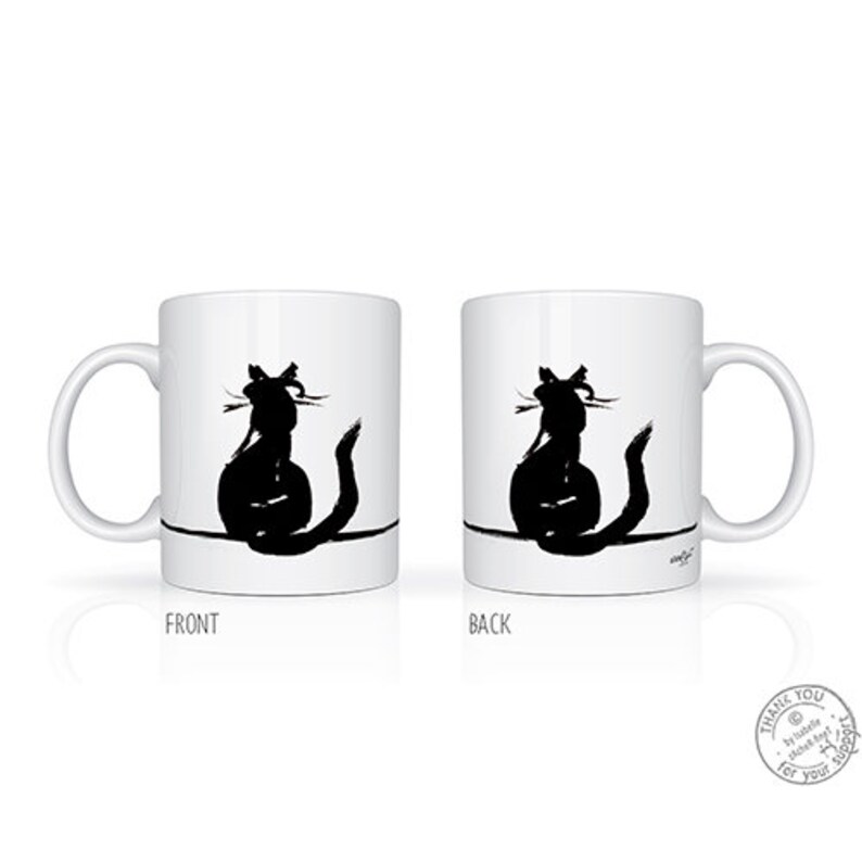 May include: White ceramic mug with a black cat silhouette design. The cat is illustrated in a minimalist style, with a long tail and whiskers. The mug has a curved handle and a simple design, ideal for tea or coffee.