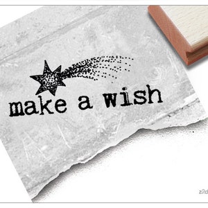 Stempel tekst stempel MAKE A WISH met vallende ster - belettering stempel voor felicitaties, kaarten en cadeaulabels, cadeau, decoratie, plakboek