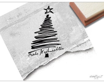 Stempel Weihnachtsstempel FROHE WEIHNACHTEN mit Baum in Linework - Textstempel zu Weihnachten, Karten, Geschenkanhänger, Geschenk, Deko