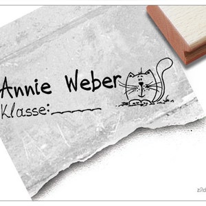 Individueller Schulstempel KATZE Kinderstempel personalisiert mit Namen und Klasse, Holzstempel o. Automatikstempel, Geschenk Einschulung Bild 1