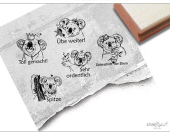 Stempelset Lehrerstempel mit Koala, 5er-Set - Stempel für Lehrer, Lob/ Kritik zur Motivation der Kinder, Belohnung, Belobigung, Schulstempel