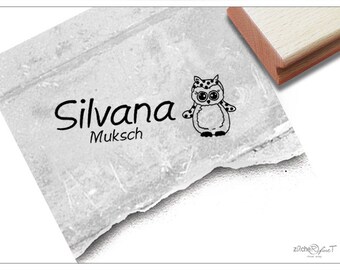 Individueller Namensstempel Eule - Stempel personalisiert mit Name, Tier, Holzstempel o. Automatikstempel, Geschenk für Kinder, Einschulung