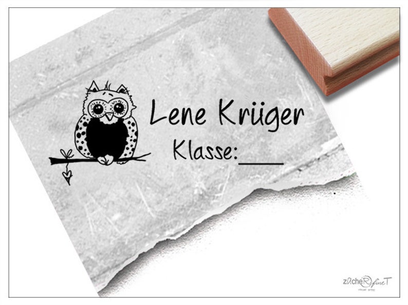 Individueller Schulstempel EULE Kinderstempel personalisiert mit Namen und Klasse, Holzstempel o. Automatikstempel, Geschenk Einschulung Bild 1