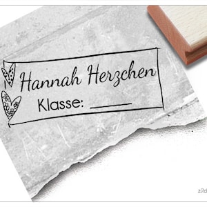 Individueller Schulstempel Herzen - Namensstempel personalisiert mit Name und Klasse, Holzstempel oder Automatikstempel, Geschenk für Kinder